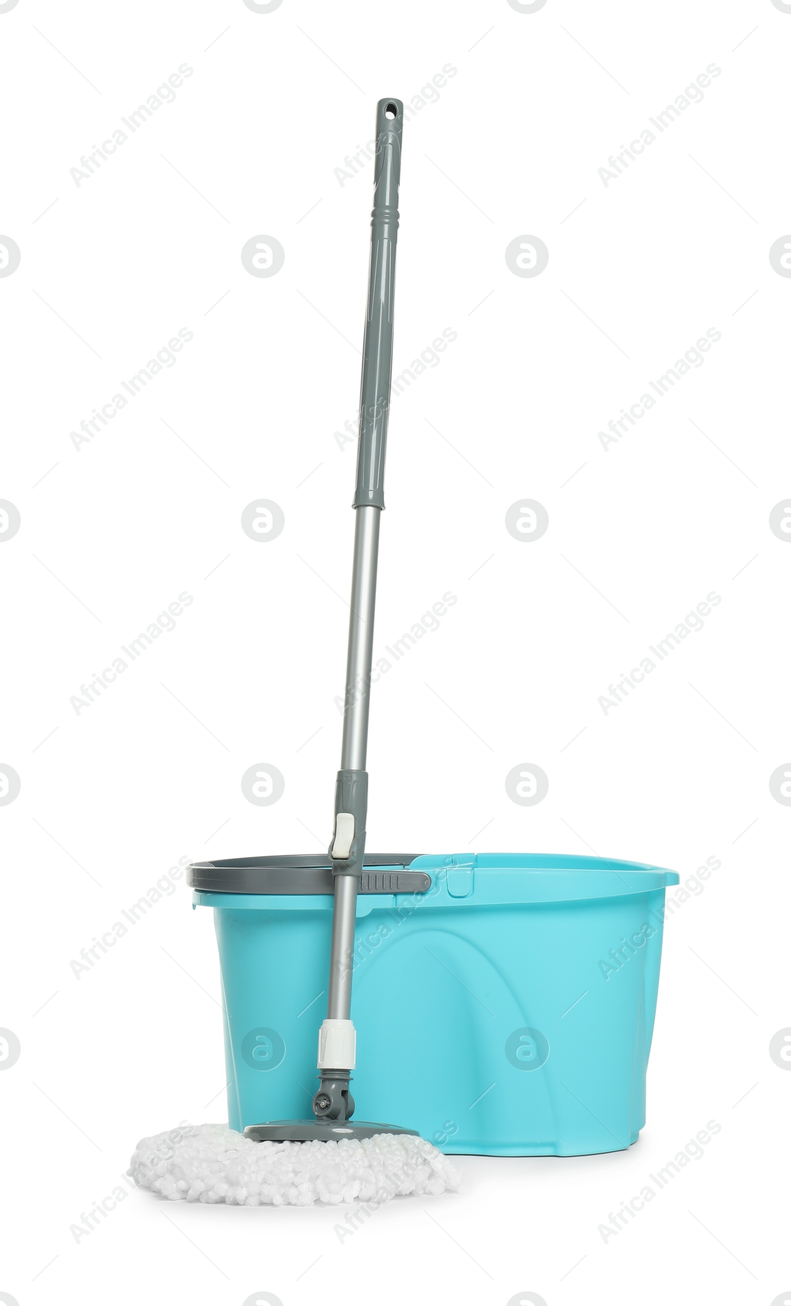 Photo of String mop and bucket isolated on white. Cleaning equipment