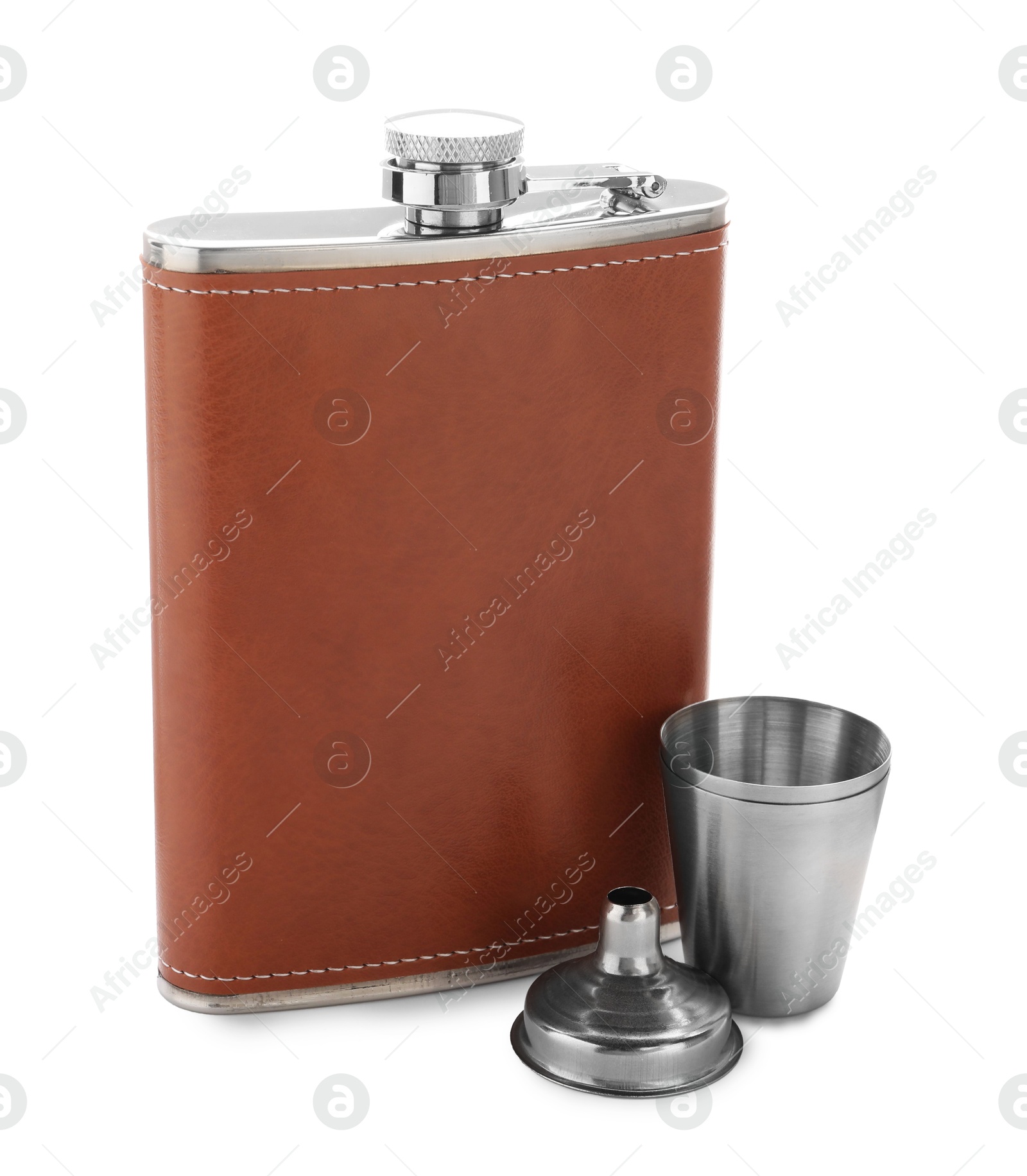 Photo of Hip flask, cup and funnel isolated on white