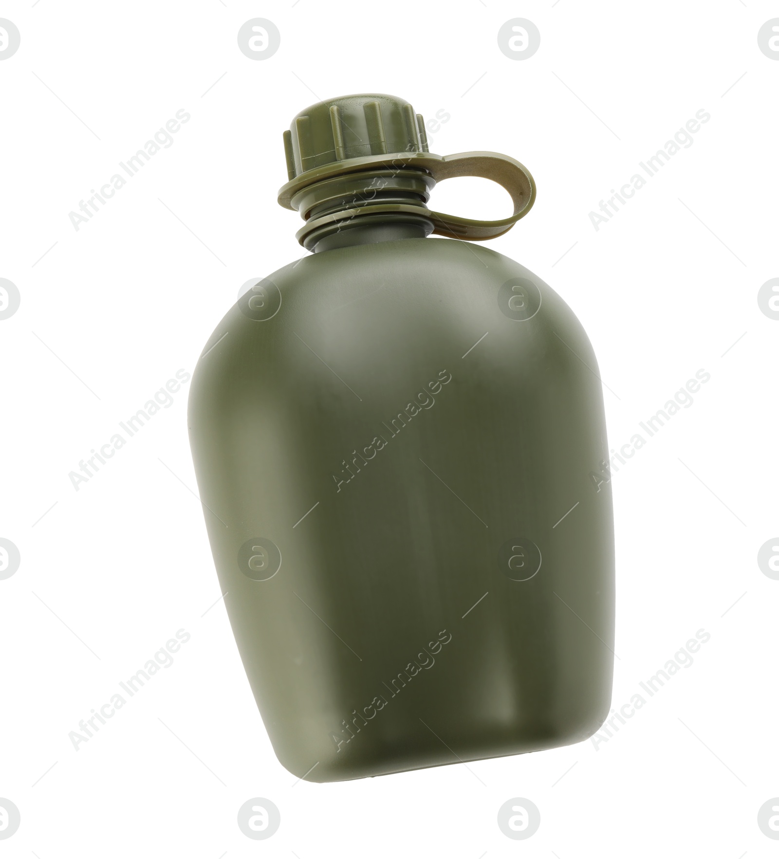 Photo of Green plastic canteen isolated on white, top view