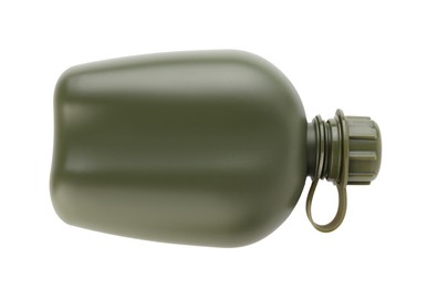 Photo of Green plastic canteen isolated on white, top view