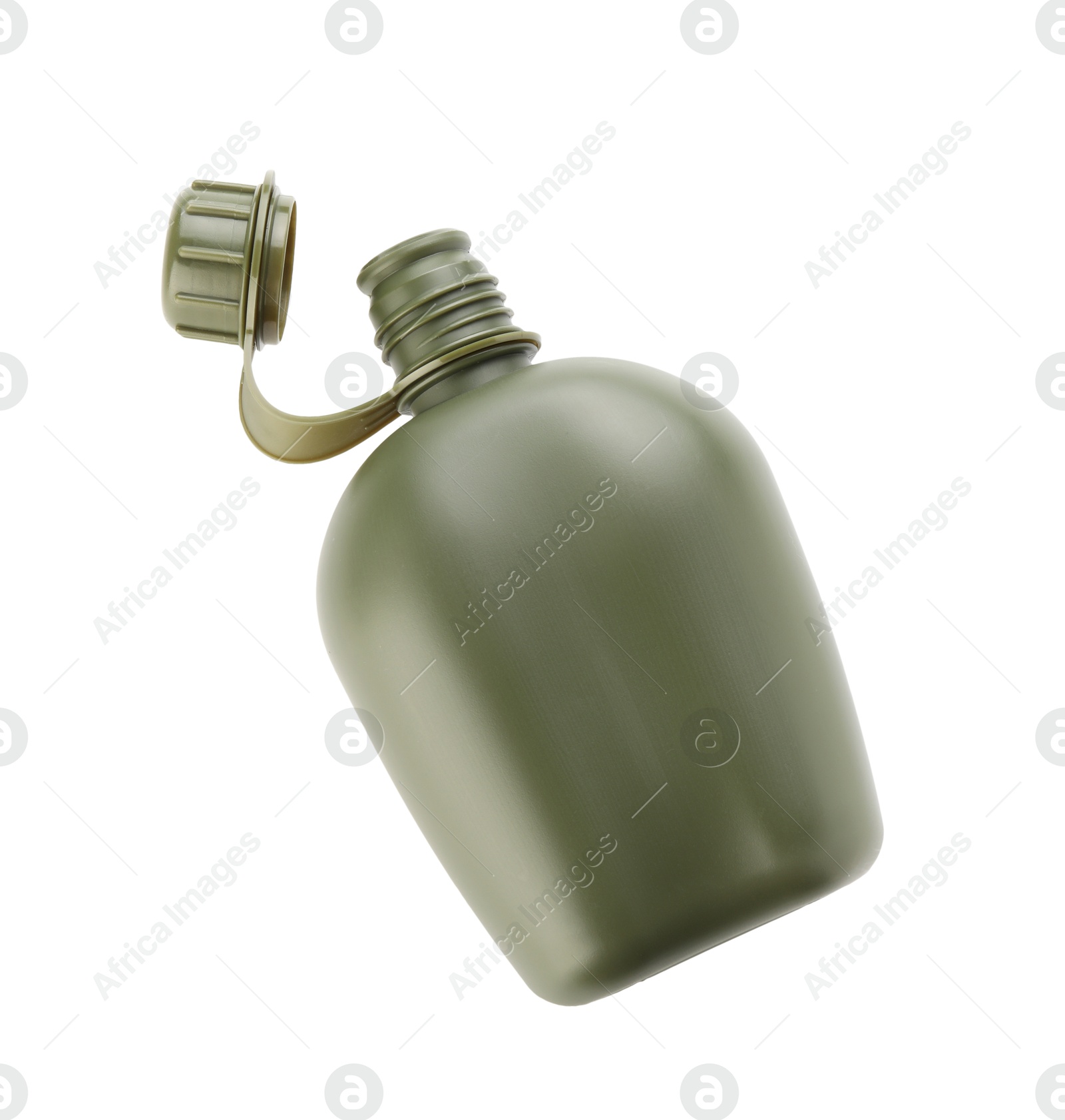 Photo of Green plastic canteen isolated on white, top view