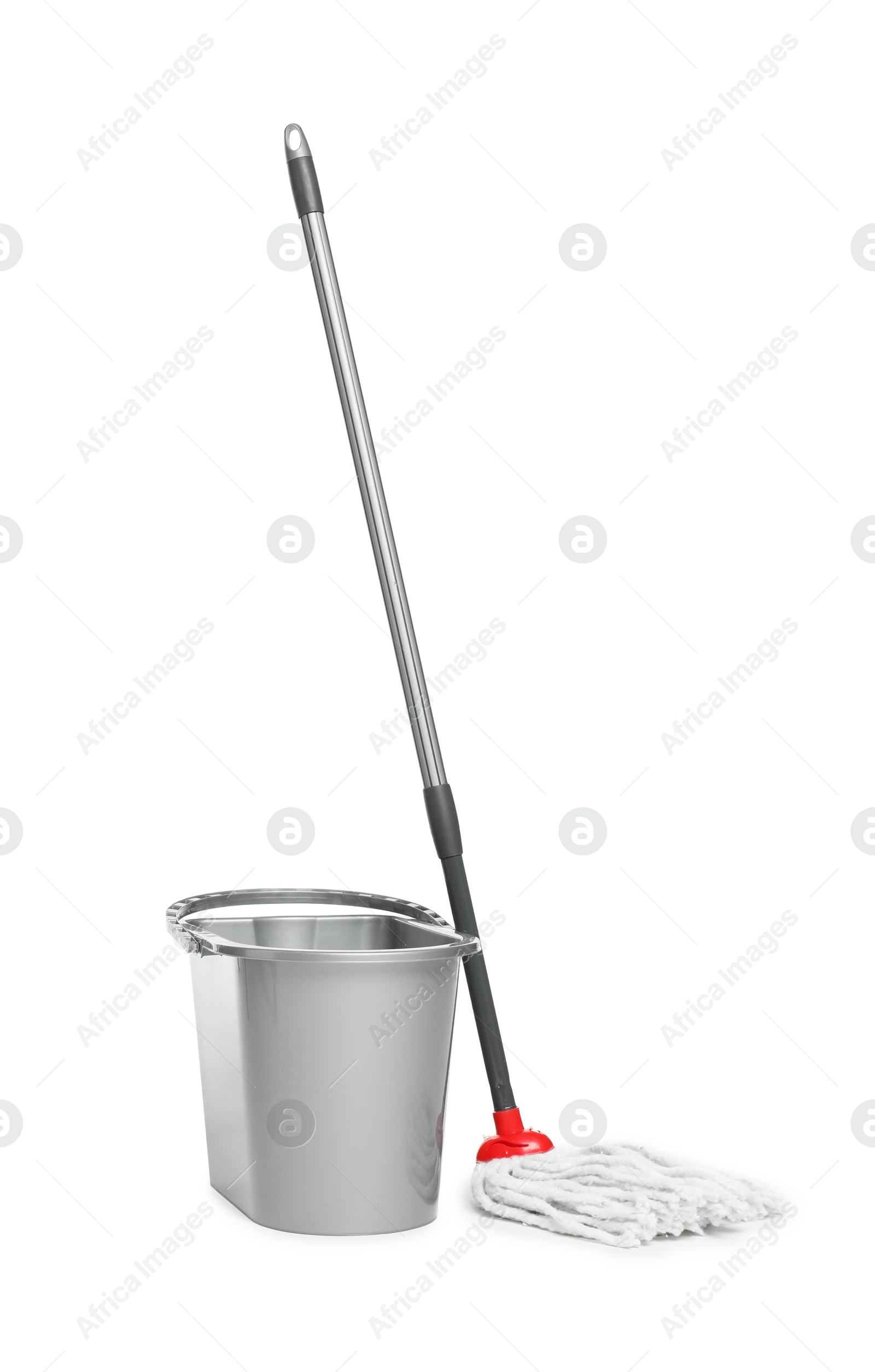 Photo of String mop and bucket isolated on white. Cleaning equipment