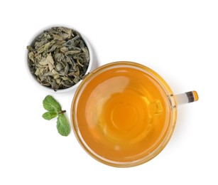 Photo of Aromatic mint tea, fresh and dried leaves isolated on white