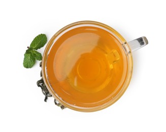 Photo of Aromatic mint tea, fresh and dried leaves isolated on white