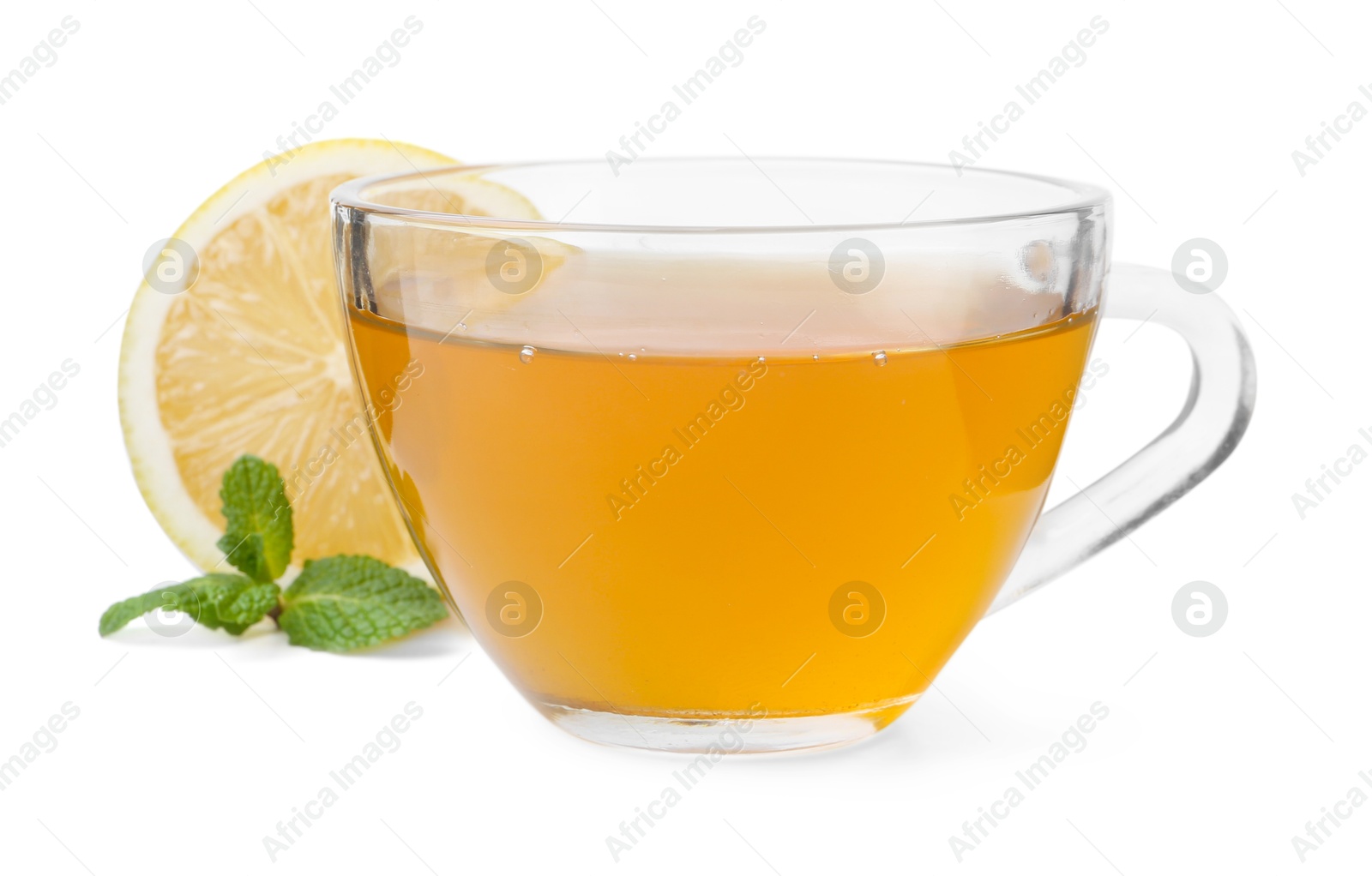 Photo of Aromatic mint tea with lemon, fresh and dried leaves isolated on white