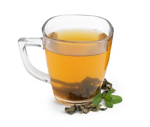 Photo of Aromatic mint tea, fresh and dried leaves isolated on white