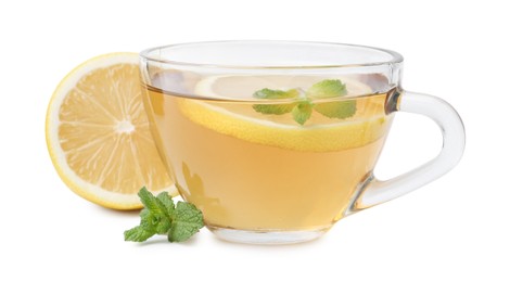 Photo of Tasty mint tea in cup, lemon and fresh leaves isolated on white