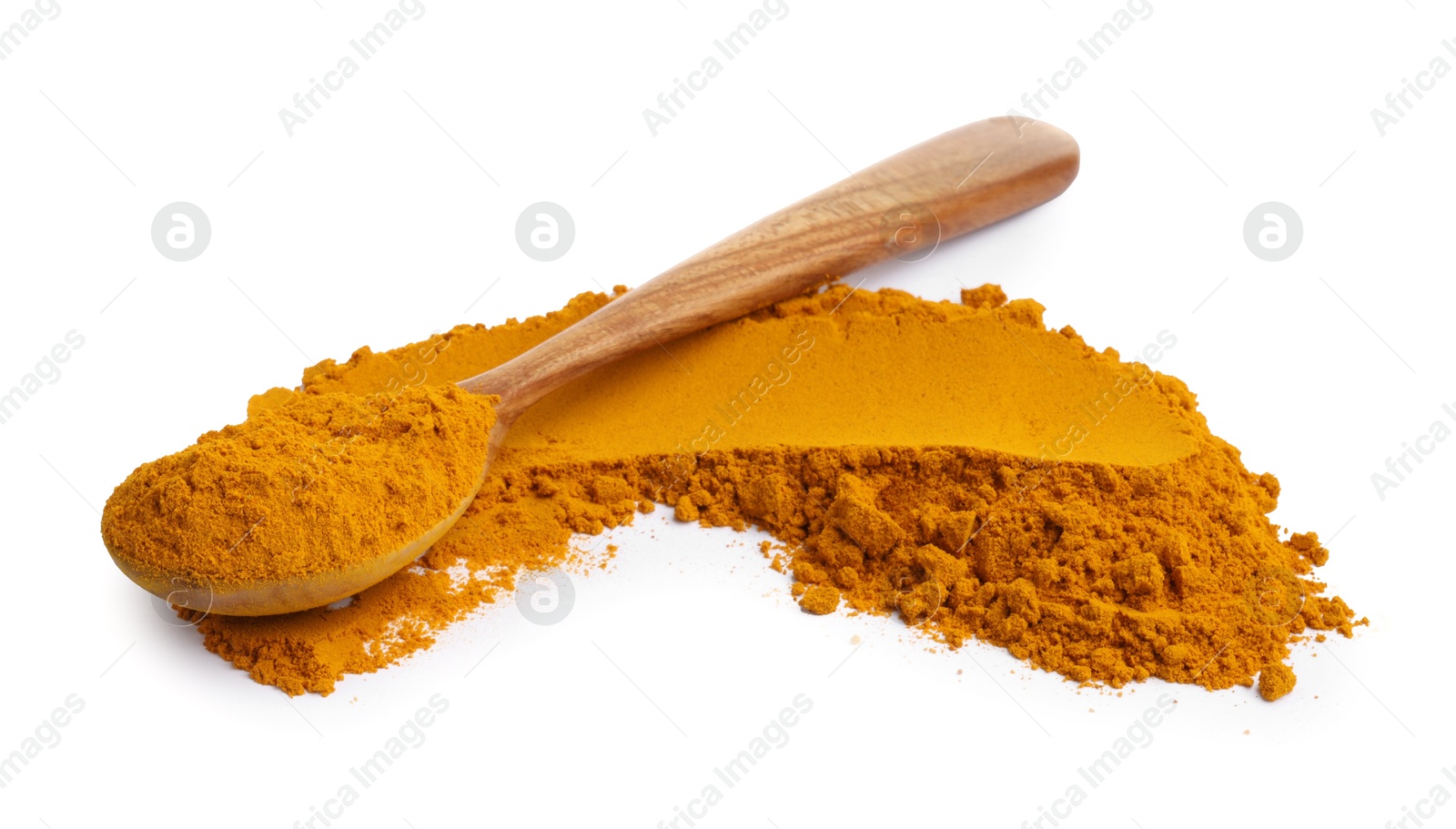 Photo of Turmeric powder and spoon isolated on white