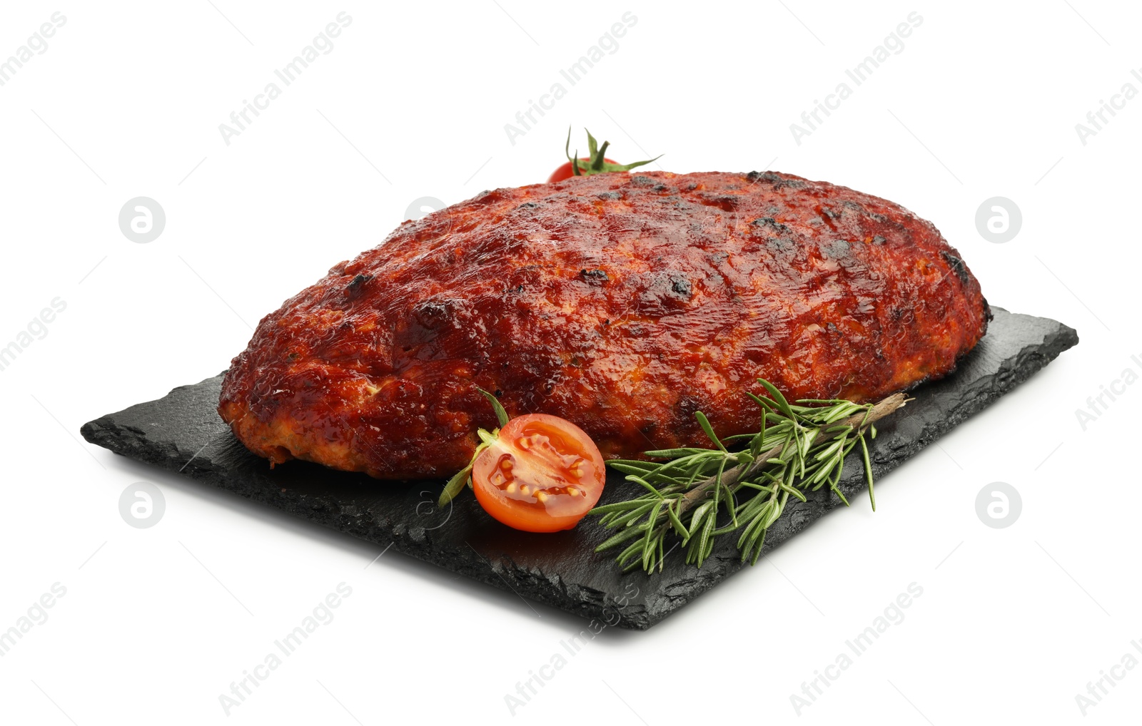 Photo of Delicious turkey meatloaf with tomatoes and rosemary isolated on white