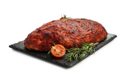 Photo of Delicious turkey meatloaf with tomatoes and rosemary isolated on white