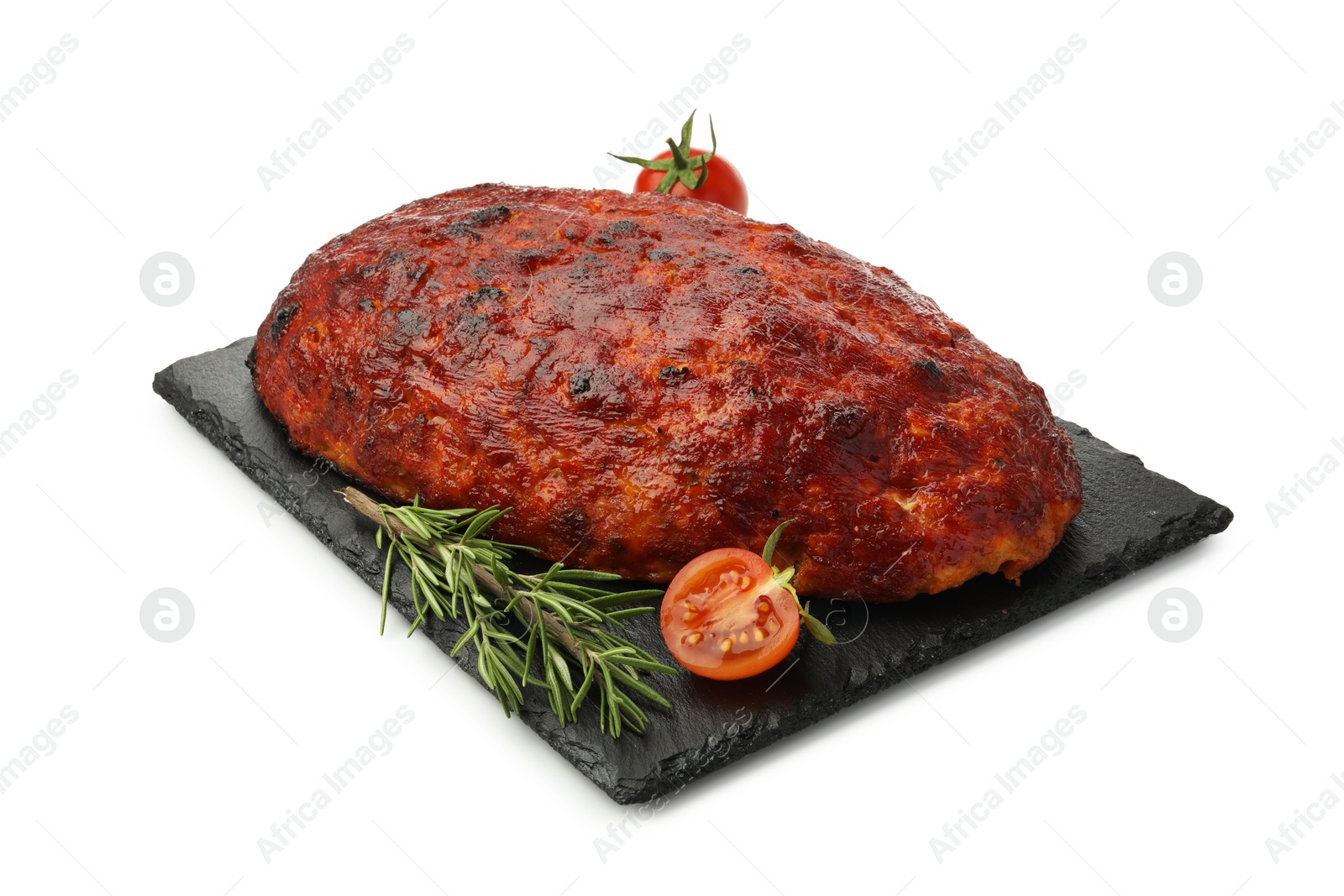 Photo of Delicious turkey meatloaf with tomatoes and rosemary isolated on white