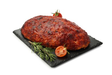 Photo of Delicious turkey meatloaf with tomatoes and rosemary isolated on white