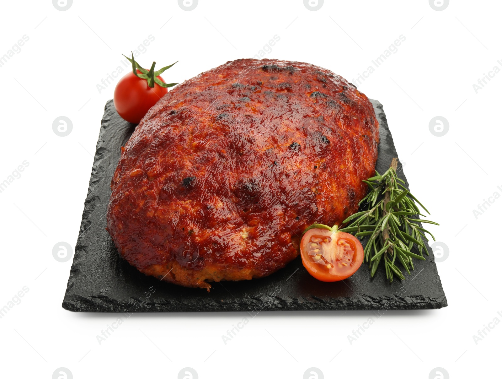 Photo of Delicious turkey meatloaf with tomatoes and rosemary isolated on white