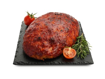 Photo of Delicious turkey meatloaf with tomatoes and rosemary isolated on white