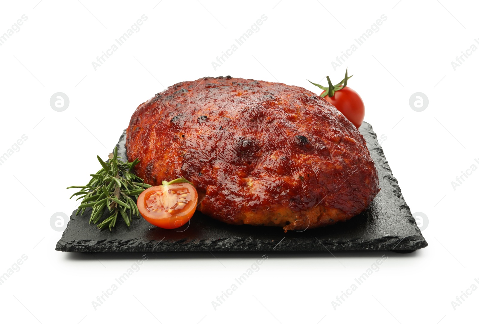 Photo of Delicious turkey meatloaf with tomatoes and rosemary isolated on white