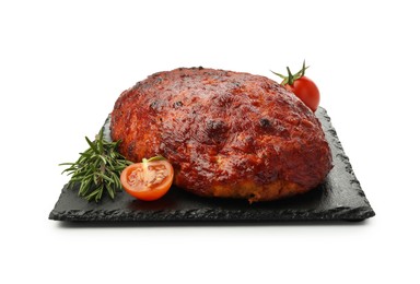 Photo of Delicious turkey meatloaf with tomatoes and rosemary isolated on white