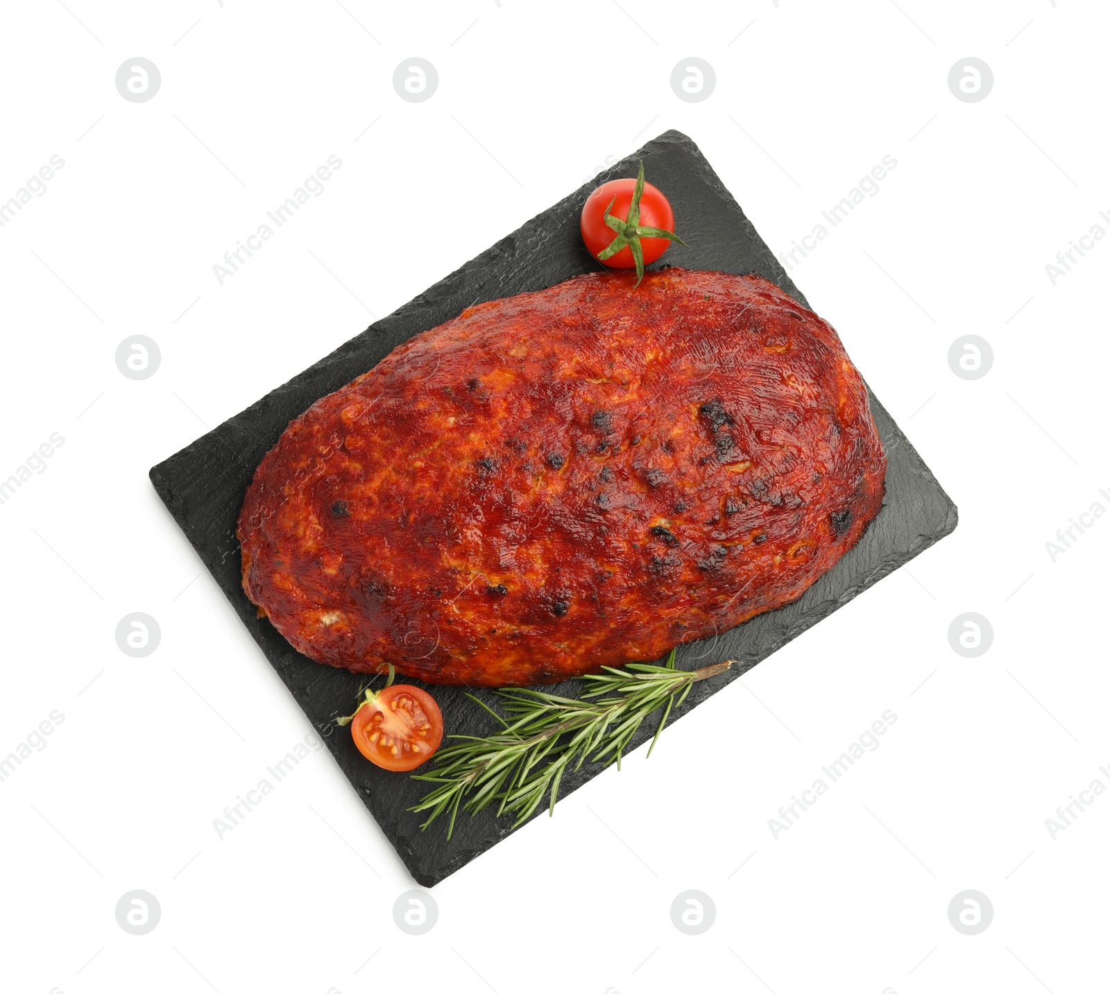 Photo of Delicious turkey meatloaf with tomatoes and rosemary isolated on white, top view