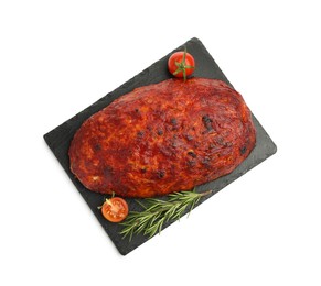 Photo of Delicious turkey meatloaf with tomatoes and rosemary isolated on white, top view