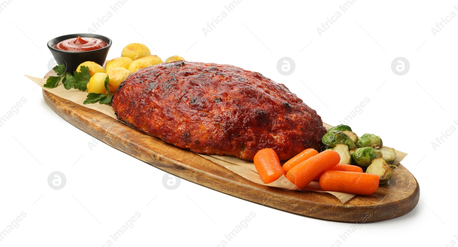 Photo of Delicious turkey meatloaf with vegetables and sauce isolated on white