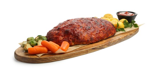 Photo of Delicious turkey meatloaf with vegetables and sauce isolated on white