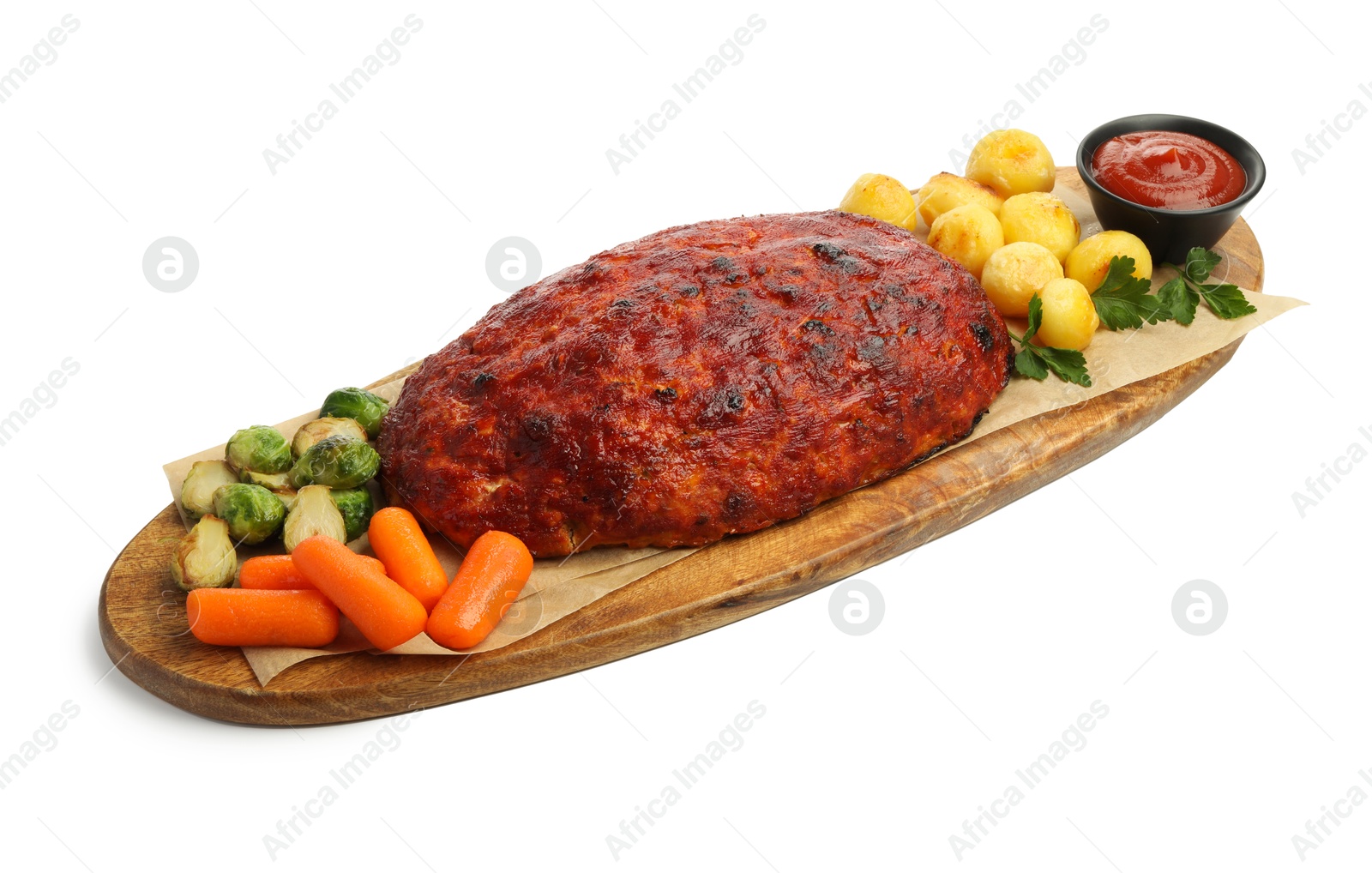 Photo of Delicious turkey meatloaf with vegetables and sauce isolated on white