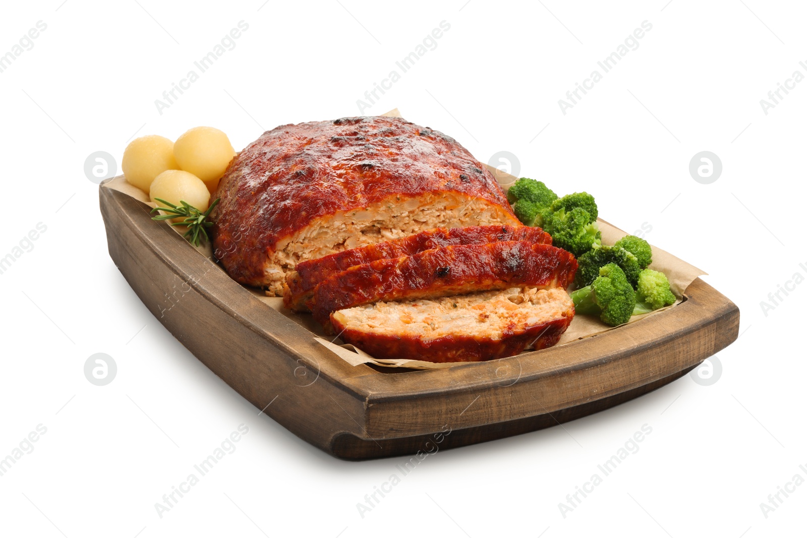 Photo of Delicious turkey meatloaf with vegetables isolated on white