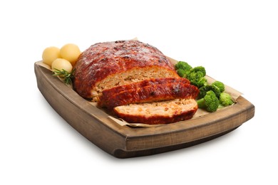 Delicious turkey meatloaf with vegetables isolated on white