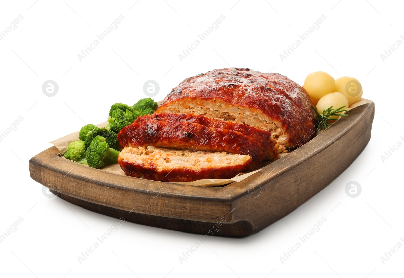 Photo of Delicious turkey meatloaf with vegetables isolated on white