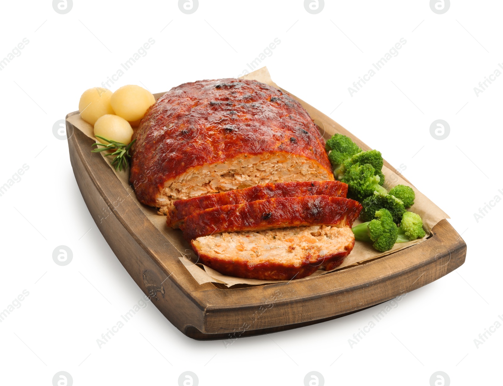 Photo of Delicious turkey meatloaf with vegetables isolated on white