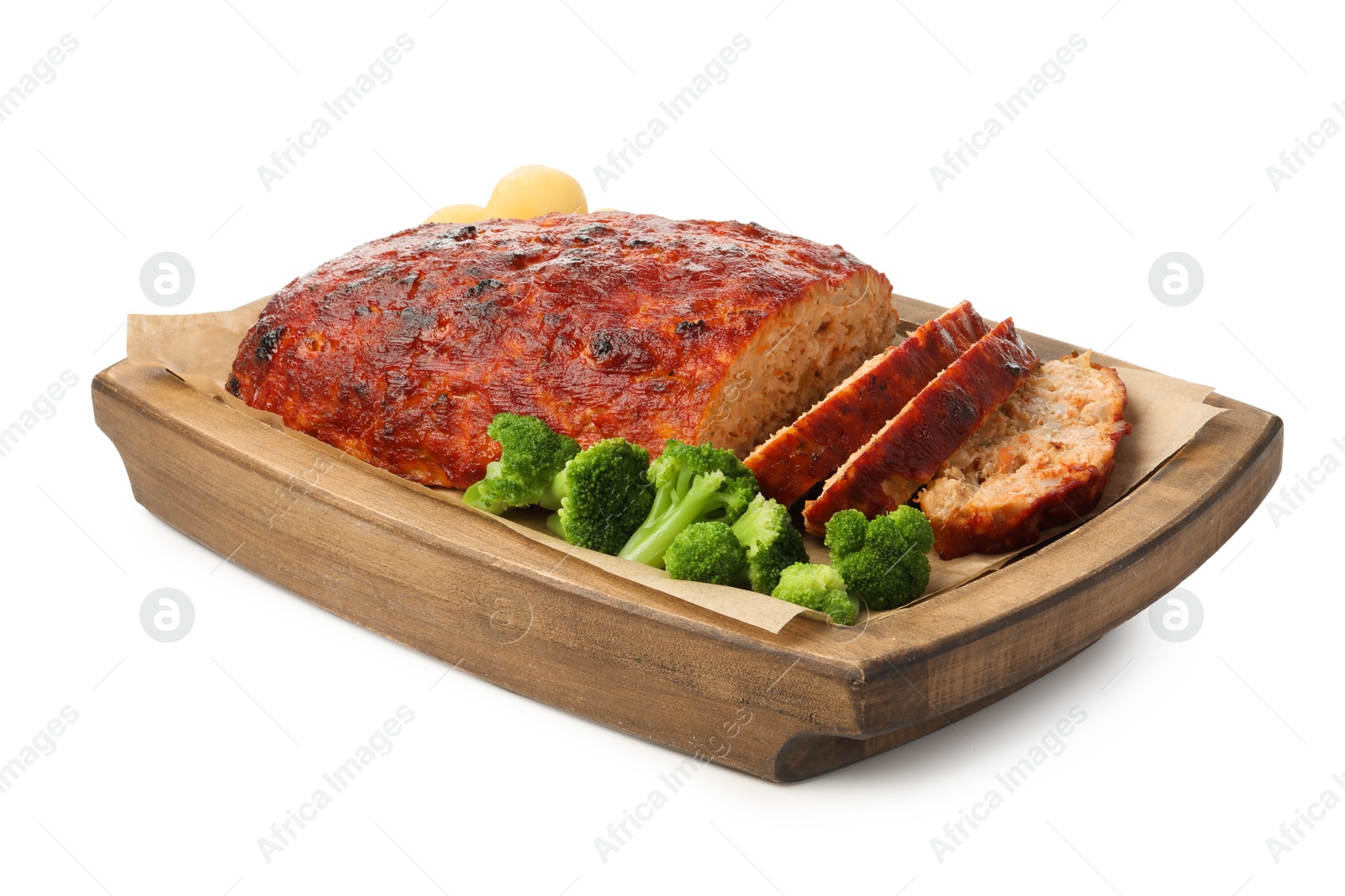 Photo of Delicious turkey meatloaf with vegetables isolated on white