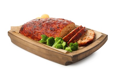 Delicious turkey meatloaf with vegetables isolated on white