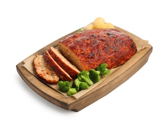 Delicious turkey meatloaf with vegetables isolated on white