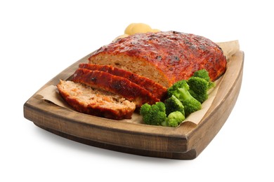 Photo of Delicious turkey meatloaf with vegetables isolated on white