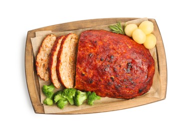 Photo of Delicious turkey meatloaf with vegetables isolated on white, top view