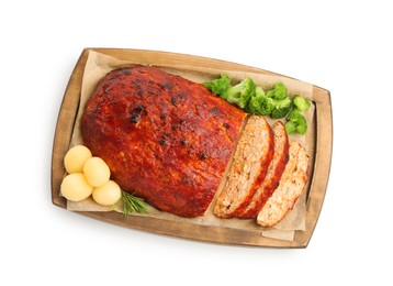 Photo of Delicious turkey meatloaf with vegetables isolated on white, top view