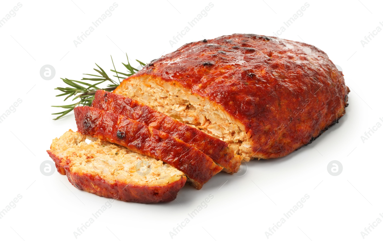 Photo of Delicious turkey meatloaf with rosemary isolated on white