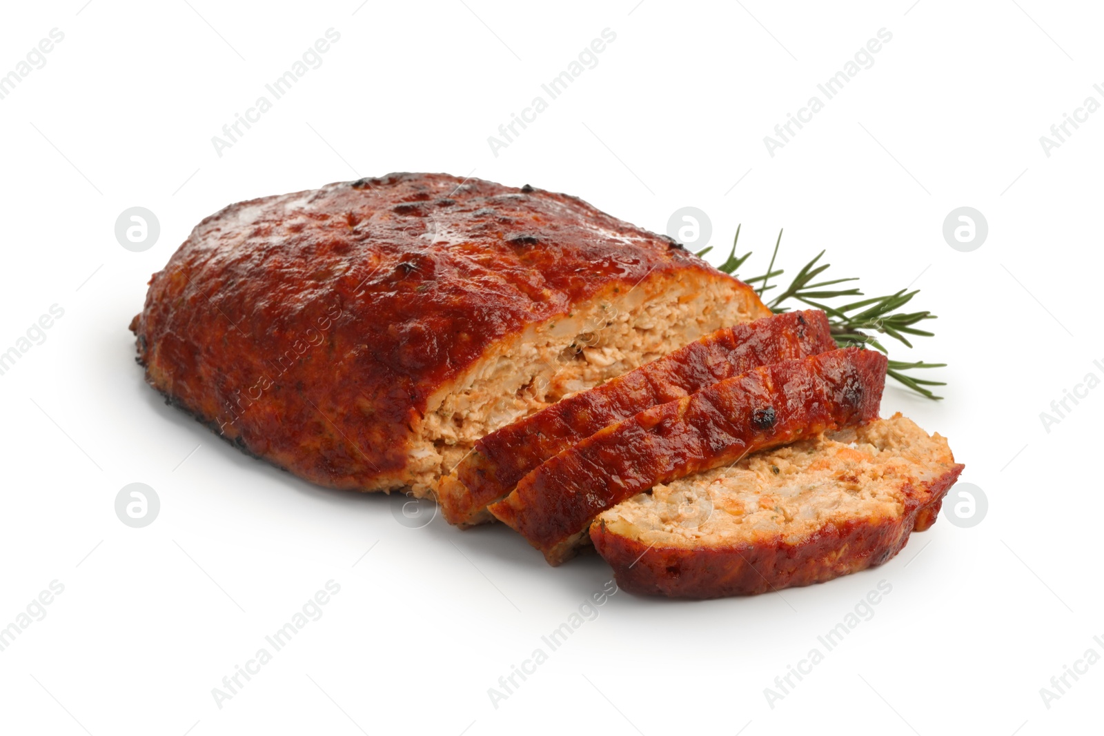 Photo of Delicious turkey meatloaf with rosemary isolated on white