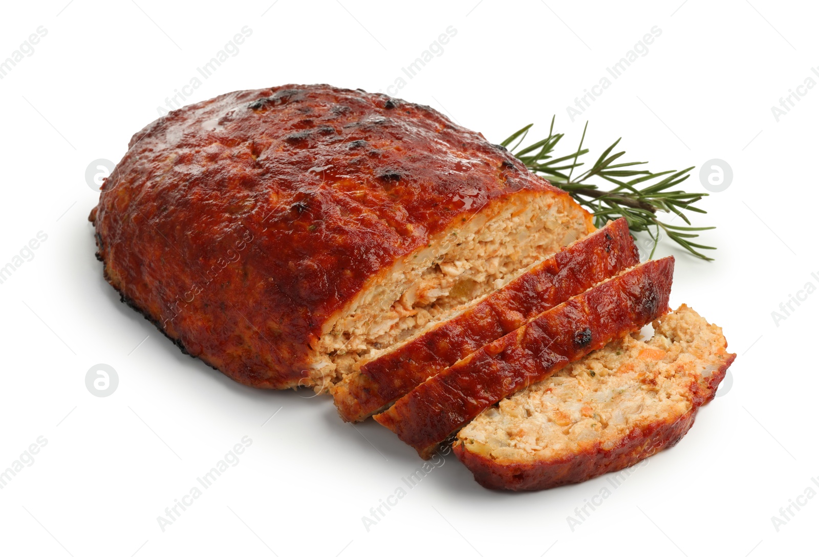 Photo of Delicious turkey meatloaf with rosemary isolated on white