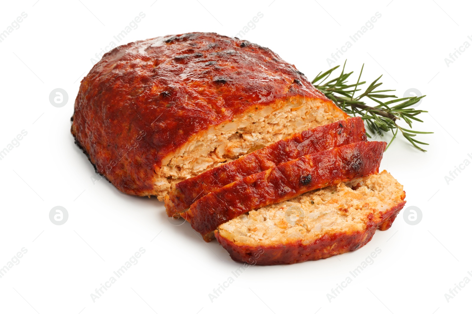 Photo of Delicious turkey meatloaf with rosemary isolated on white