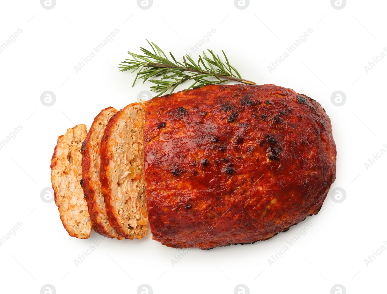 Photo of Delicious turkey meatloaf with rosemary isolated on white, top view