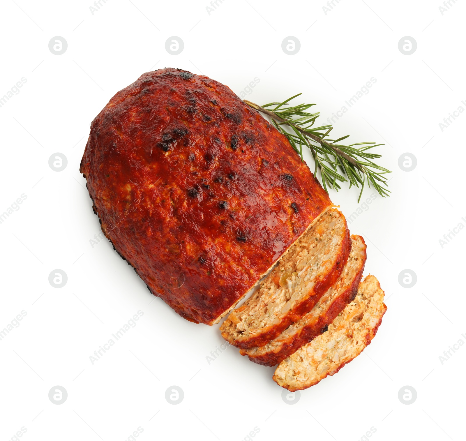 Photo of Delicious turkey meatloaf with rosemary isolated on white, top view