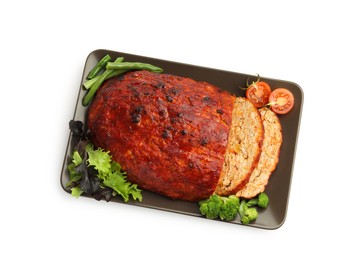 Photo of Delicious turkey meatloaf with vegetables isolated on white, top view