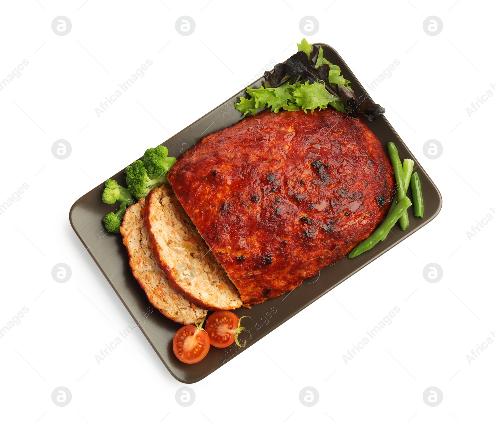 Photo of Delicious turkey meatloaf with vegetables isolated on white, top view