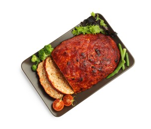 Photo of Delicious turkey meatloaf with vegetables isolated on white, top view