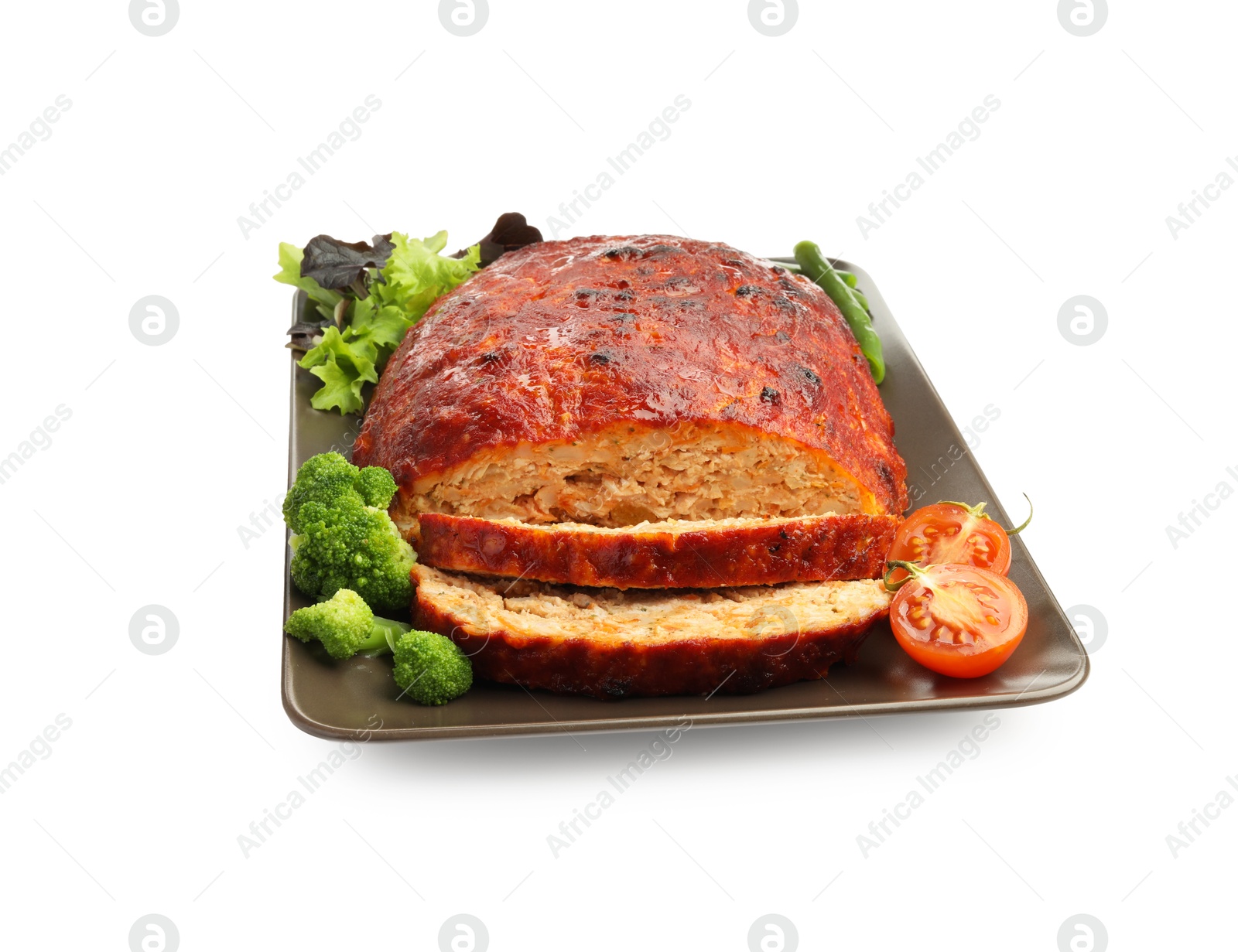 Photo of Delicious turkey meatloaf with vegetables isolated on white