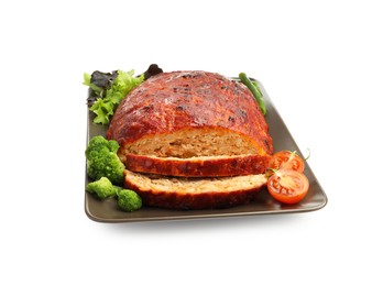 Photo of Delicious turkey meatloaf with vegetables isolated on white