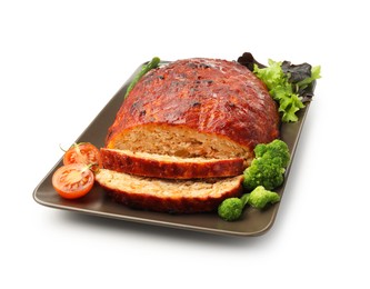 Photo of Delicious turkey meatloaf with vegetables isolated on white