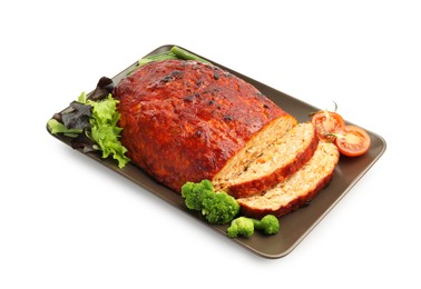 Photo of Delicious turkey meatloaf with vegetables isolated on white