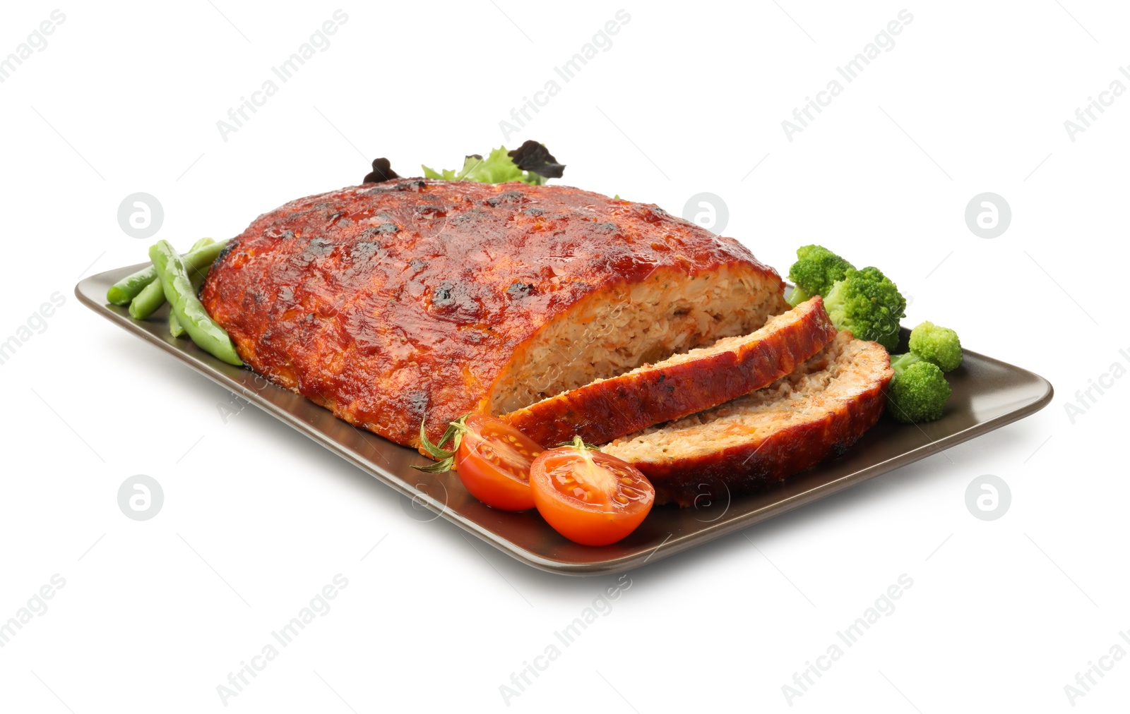 Photo of Delicious turkey meatloaf with vegetables isolated on white