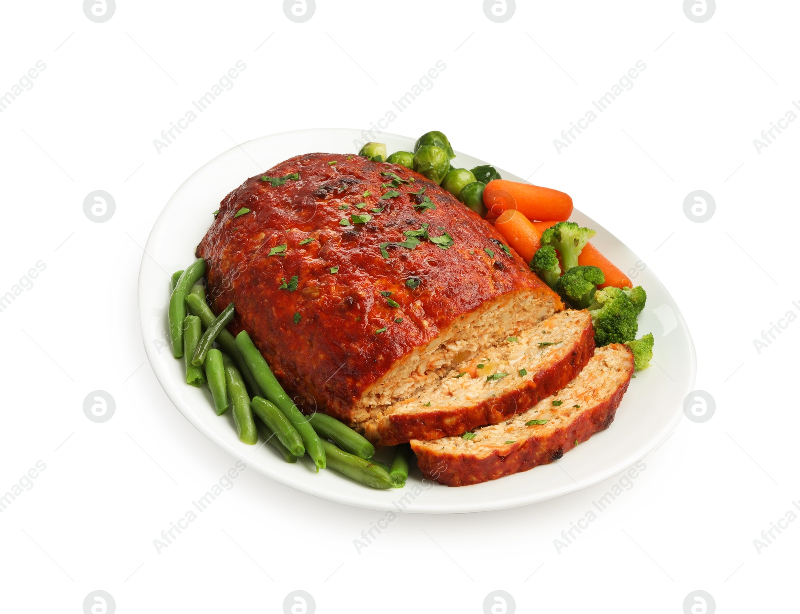 Photo of Delicious baked turkey meatloaf with vegetables isolated on white